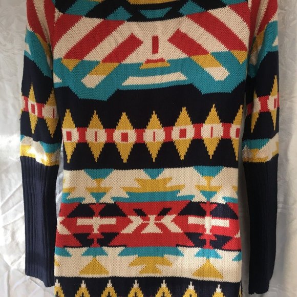Vintage Jessica Simpson Long Sweater Size XS Tribal Aztec Navy Mustard Y2K - Picture 8 of 14